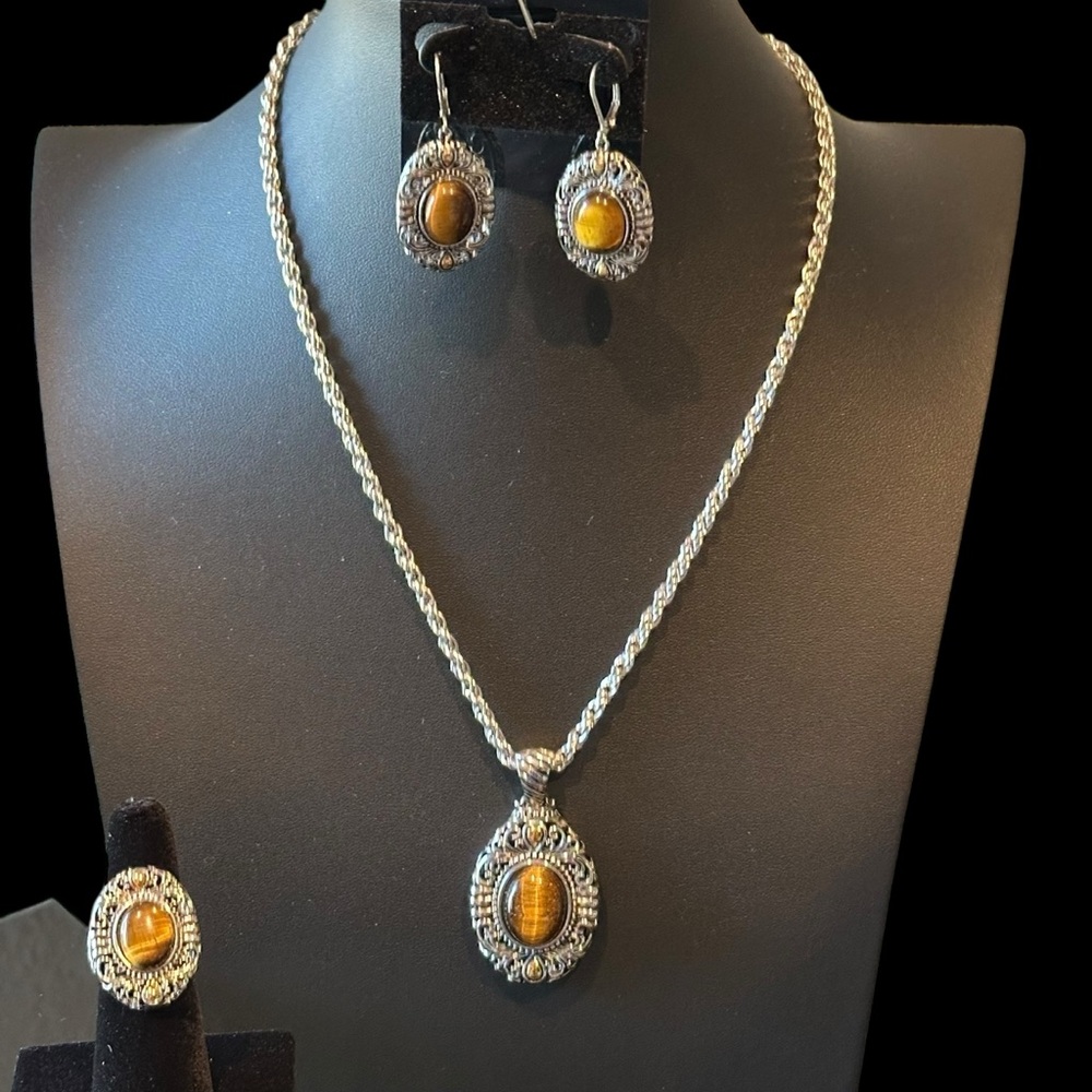 Tiger's Eye Gemstone Stunning Jewelry Three-Piece Set Necklace Earrings Ring